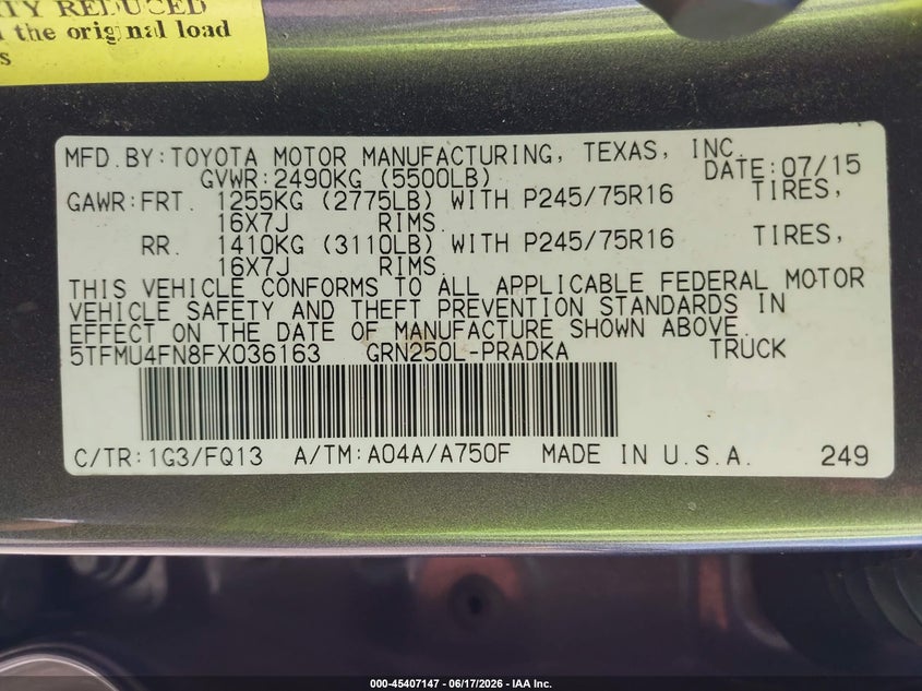 2015 Toyota Tacoma VIN 5TFMU4FN8FX036163 IAAI salvage auction — REAR END, Salvage Title, sold $5,000 on 2026-08-02 (photo 9)