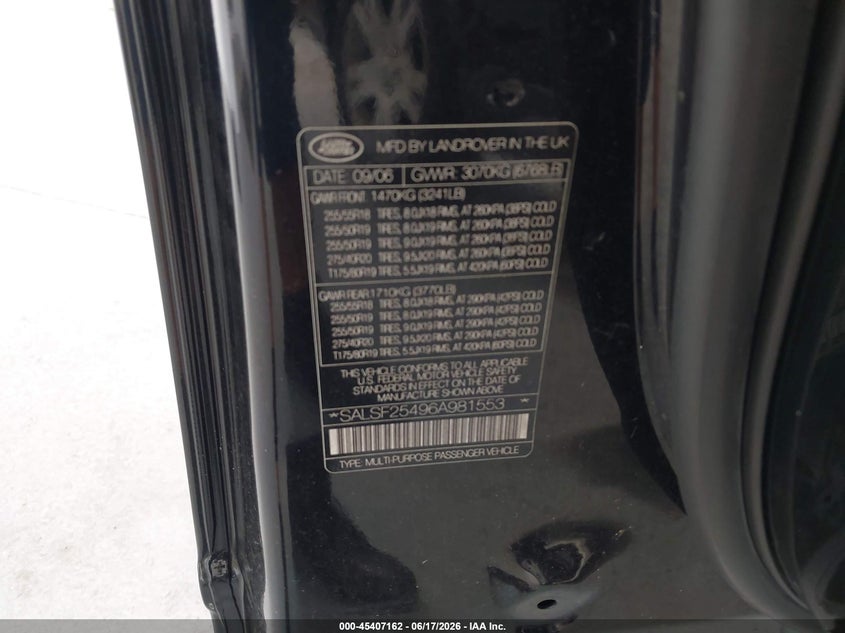 2006 Land rover Range rover sport VIN SALSF25496A981553 IAAI salvage auction — RIGHT SIDE, Rebuildable (Florida), sold $625 on 2026-07-29 (photo 9)