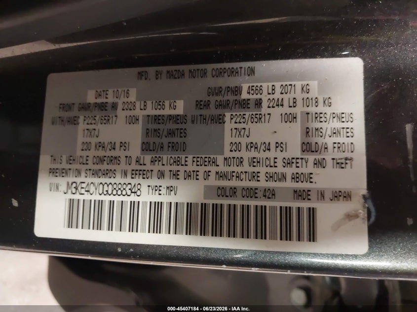 2016 Mazda Cx-5 VIN JM3KE4CY0G0888348 IAAI salvage auction — SIDE, Salvage Title, sold $150 on 2026-07-21 (photo 9)