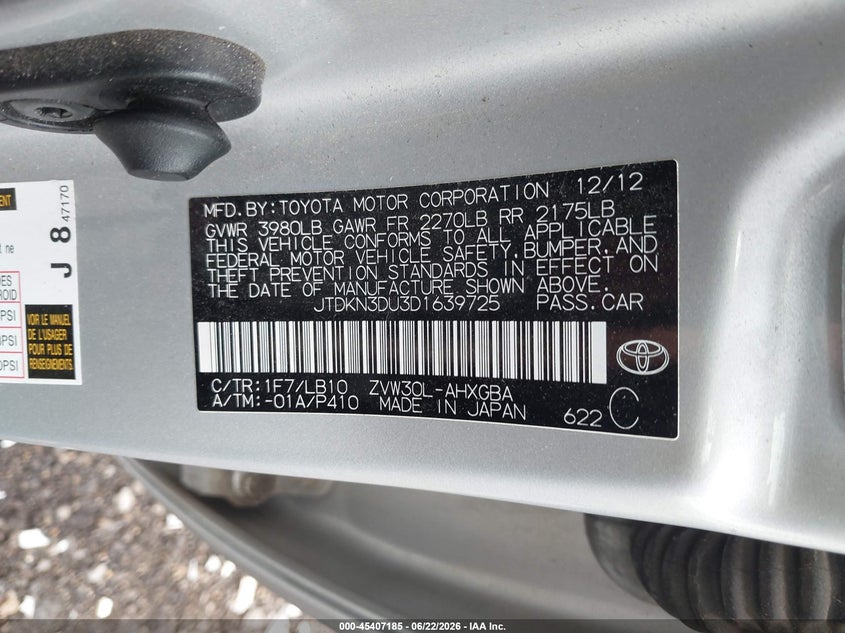 2013 Toyota Prius VIN JTDKN3DU3D1639725 IAAI salvage auction — FRONT & REAR, Salvage Title, sold $1,250 on 2026-07-22 (photo 9)