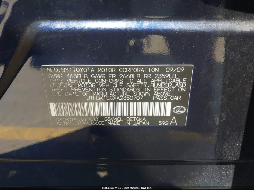 2010 Lexus Es 350 VIN JTHBK1EGXA2350707 IAAI salvage auction — FRONT END, Salvage (California), sold $1,100 on 2026-07-20 (photo 9)