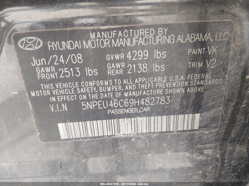 2009 Hyundai Sonata VIN 5NPEU46C69H482783 IAAI salvage auction — ENGINE BURN, Salvage (Pennsylvania), sold $25 on 2026-07-08 (photo 9)