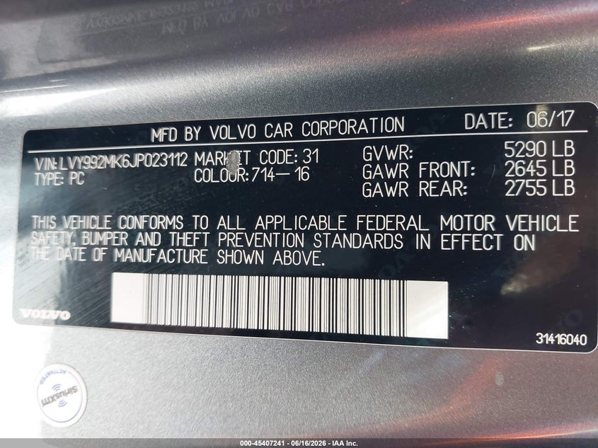 2018 Volvo S90 VIN LVY992MK6JP023112 IAAI salvage auction — NORMAL WEAR, Clear - Dealer Only (California), sold $4,000 on 2026-07-09 (photo 9)