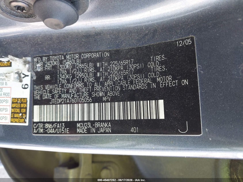 2006 Toyota Highlander VIN JTEDP21A760105056 IAAI salvage auction — FRONT END, Salvage (North Carolina), sold $550 on 2026-07-20 (photo 9)