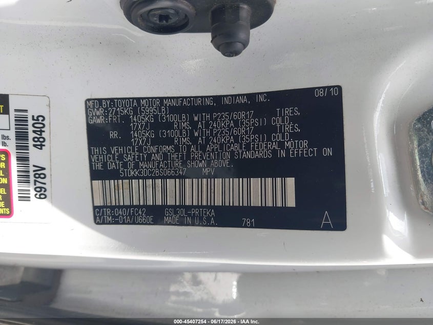 2011 Toyota Sienna VIN 5TDKK3DC2BS066347 IAAI salvage auction — FRONT & REAR, Clear (Georgia), sold $1,550 on 2026-07-15 (photo 9)