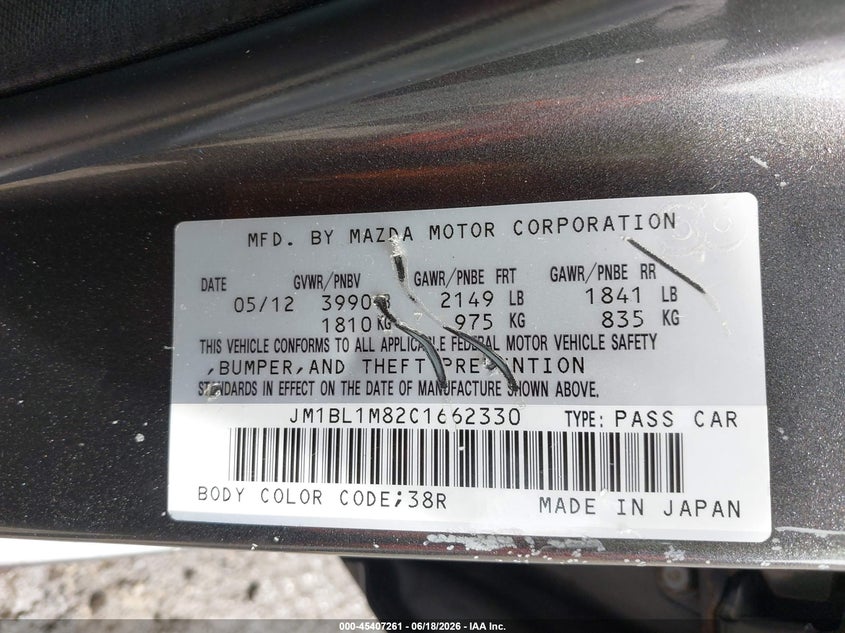 2012 Mazda 3 VIN JM1BL1M82C1662330 IAAI salvage auction — FRONT END, Salvage - Greater Than 75% (Maryland), sold $300 on 2026-07-08 (photo 9)