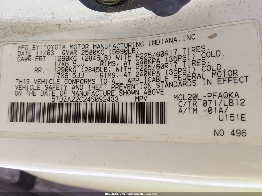 2004 Toyota Sienna VIN 5TDZA22C24S092433 IAAI salvage auction — NORMAL WEAR, Clear (Tennessee), sold $625 on 2026-07-16 (photo 9)