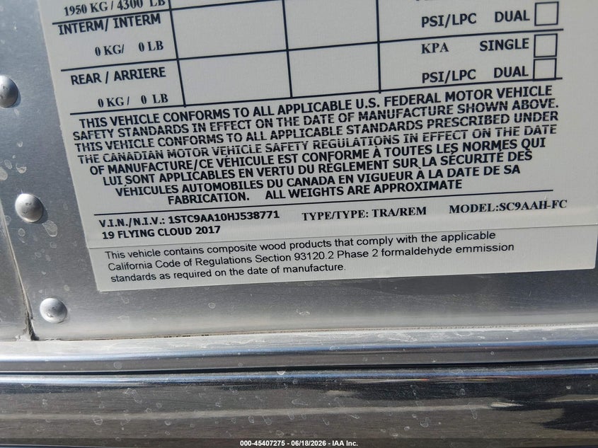 2017 Airstream Flying cloud VIN 1STC9AA10HJ538771 IAAI salvage auction — FRONT END, Salvage (Nevada), sold $3,150 on 2026-09-15 (photo 9)