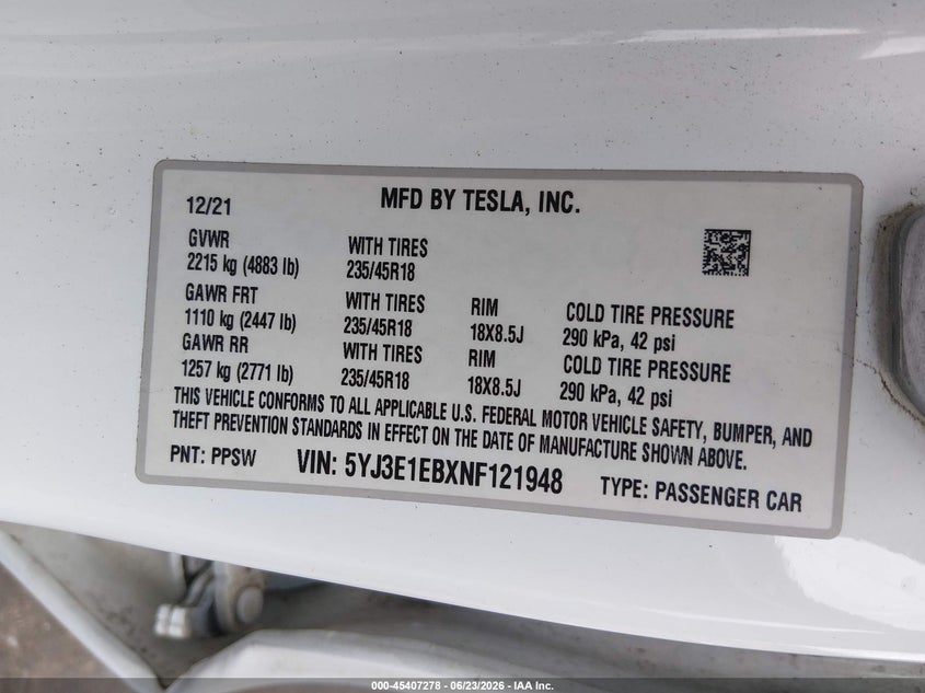 2022 Tesla Model 3 VIN 5YJ3E1EBXNF121948 IAAI salvage auction — ROOF, Salvage Title, sold $5,950 on 2026-07-24 (photo 9)