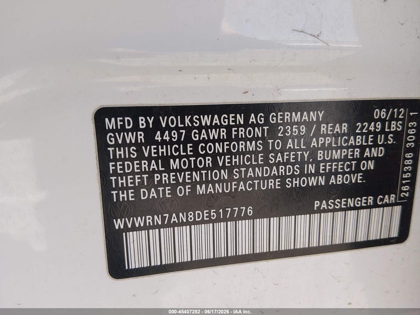 2013 Volkswagen VIN WVWRN7AN8DE517776 IAAI salvage auction — LEFT REAR, Salvage (New Mexico), sold $300 on 2026-07-20 (photo 9)