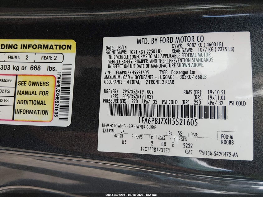 2017 Ford Mustang VIN 1FA6P8JZXH5521605 IAAI salvage auction — LEFT FRONT, Salvage Title, sold $9,900 on 2026-07-29 (photo 9)