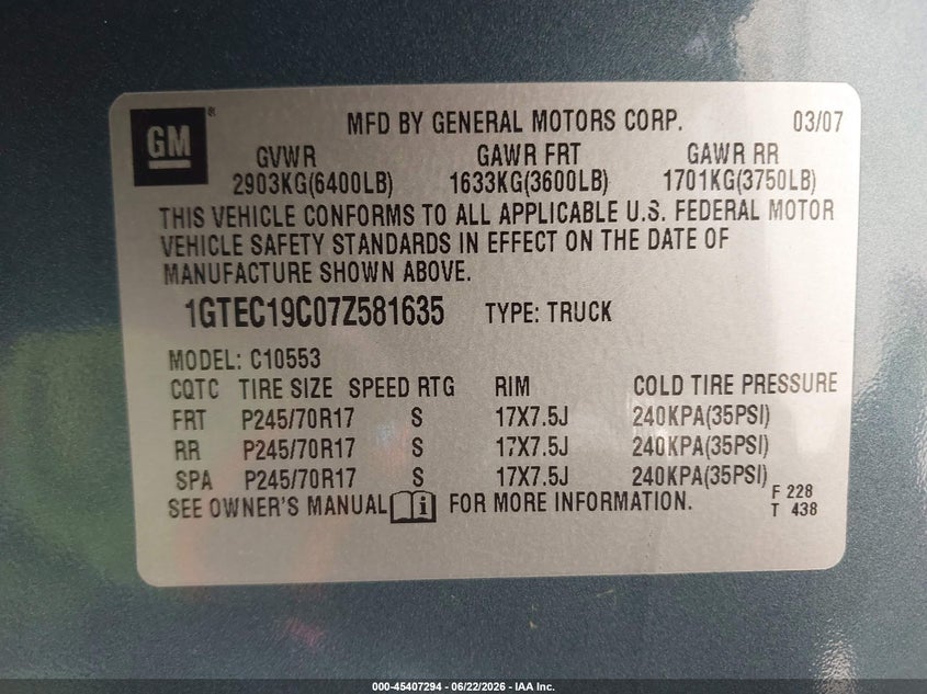 2007 Gmc Sierra 1500 VIN 1GTEC19C07Z581635 IAAI salvage auction — FRONT END, Salvage (California), sold $1,950 on 2026-07-23 (photo 9)