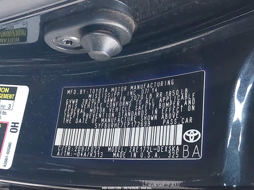 2014 Toyota Corolla VIN 5YFBURHE7EP172699 IAAI salvage auction — RIGHT FRONT, Salvage (California), sold $2,650 on 2026-07-15 (photo 9)