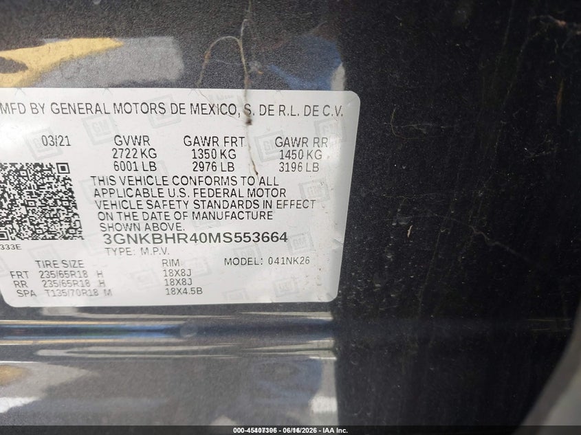 2021 Chevrolet Blazer VIN 3GNKBHR40MS553664 IAAI salvage auction — NORMAL WEAR, Sf97 (California), sold $2,550 on 2026-07-30 (photo 9)