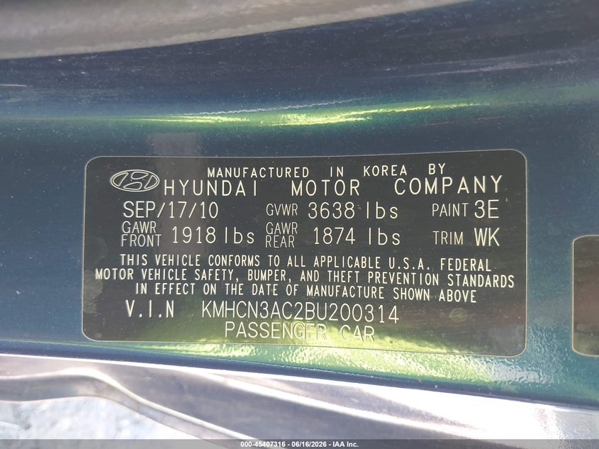 2011 Hyundai Accent VIN KMHCN3AC2BU200314 IAAI salvage auction — NORMAL WEAR, Clear (Maryland), sold $375 on 2026-07-23 (photo 9)