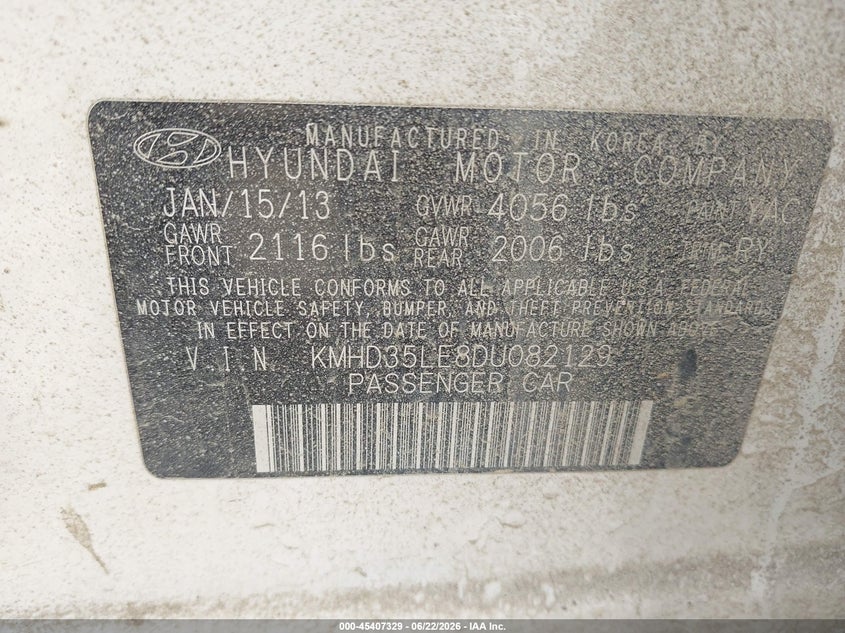 2013 Hyundai Elantra VIN KMHD35LE8DU082129 IAAI salvage auction — RIGHT FRONT, Salvage Title, sold $475 on 2026-07-16 (photo 9)
