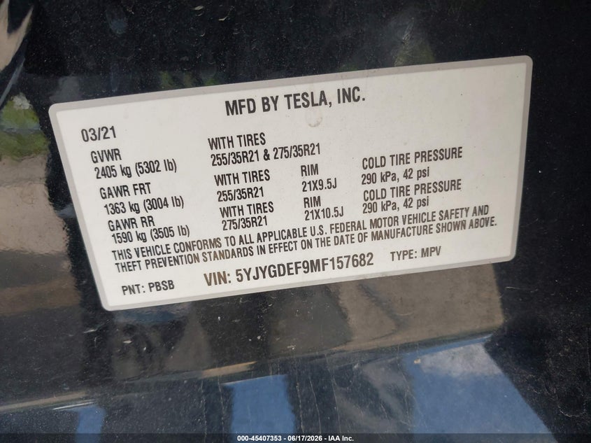 2021 Tesla Model y VIN 5YJYGDEF9MF157682 IAAI salvage auction — FRONT END, Salvage Title, sold $4,050 on 2026-07-30 (photo 9)
