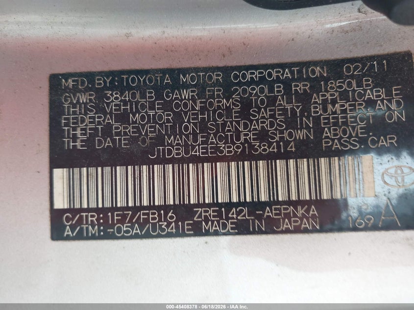 2011 Toyota Corolla VIN JTDBU4EE3B9138414 IAAI salvage auction — LEFT FRONT, Salvage (Alabama), sold $850 on 2026-07-14 (photo 9)