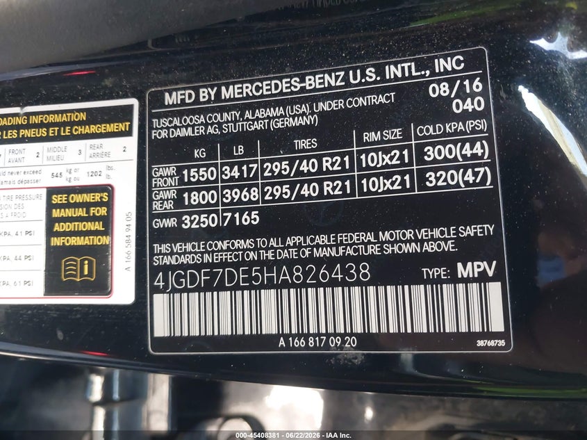 2017 Mercedes-benz Gls-klasse VIN 4JGDF7DE5HA826438 IAAI salvage auction — REAR END, Salvage Certificate (California), sold $7,000 on 2026-07-10 (photo 9)