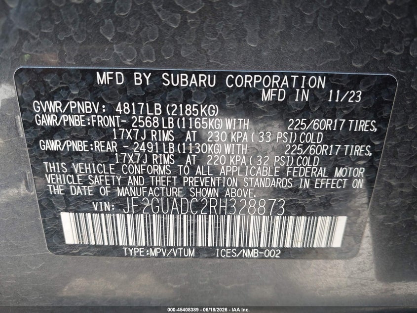 2024 Subaru Xv VIN JF2GUADC2RH328873 IAAI salvage auction — FRONT & REAR, Salvage Title, sold $4,250 on 2026-07-28 (photo 9)