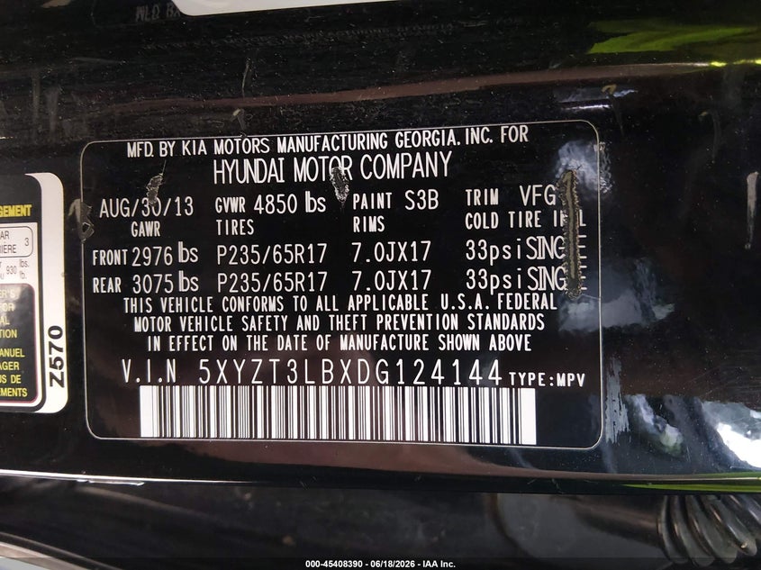 2013 Hyundai Santa fe VIN 5XYZT3LBXDG124144 IAAI salvage auction — LEFT FRONT, Salvage Title, sold $1,150 on 2026-07-24 (photo 9)