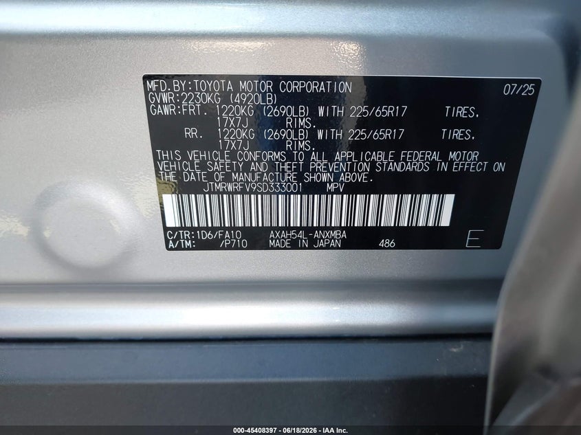 2025 Toyota Rav 4 VIN JTMRWRFV9SD333001 IAAI salvage auction — FRONT END, Bill Of Sale (Washington), sold $13,200 on 2026-07-21 (photo 9)