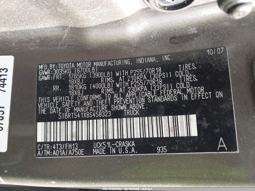 2008 Toyota Tundra VIN 5TBRT541X8S458323 IAAI salvage auction — RIGHT FRONT, Rebuildable (Florida), sold $2,650 on 2026-07-08 (photo 9)