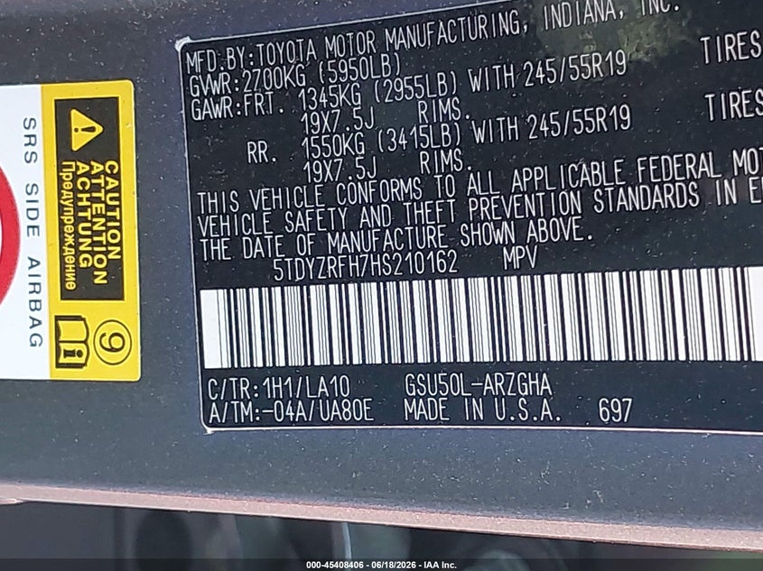 2017 Toyota Highlander VIN 5TDYZRFH7HS210162 IAAI salvage auction — REAR END, Salvage (Texas), sold $11,300 on 2026-07-07 (photo 9)