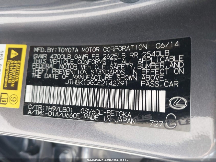 2014 Lexus ES VIN JTHBK1GG0E2142791 IAAI salvage auction — FRONT END, Clear (Indiana), sold $900 on 2026-07-28 (photo 9)