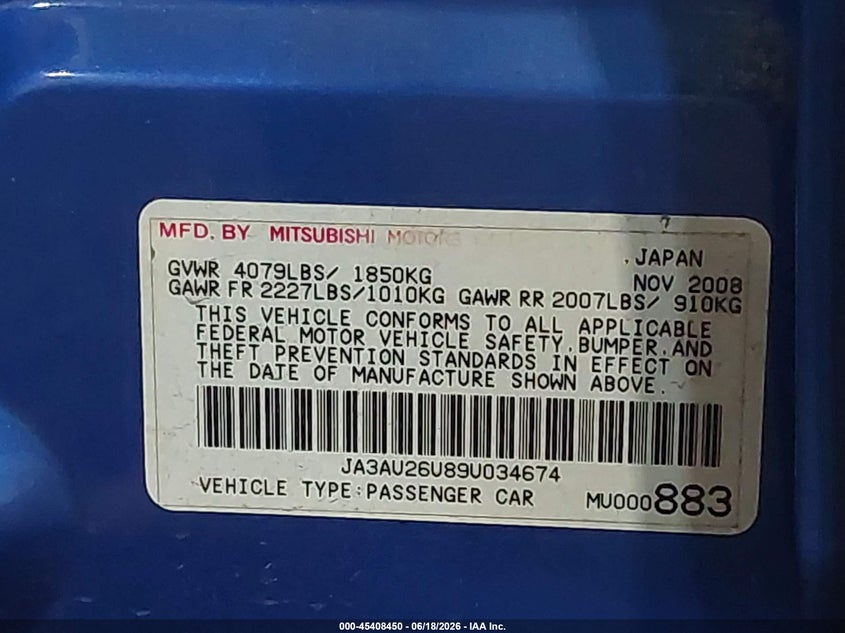 2009 Mitsubishi Lancer VIN JA3AU26U89U034674 IAAI salvage auction — REAR END, Clear (Virginia), sold $275 on 2026-07-12 (photo 9)