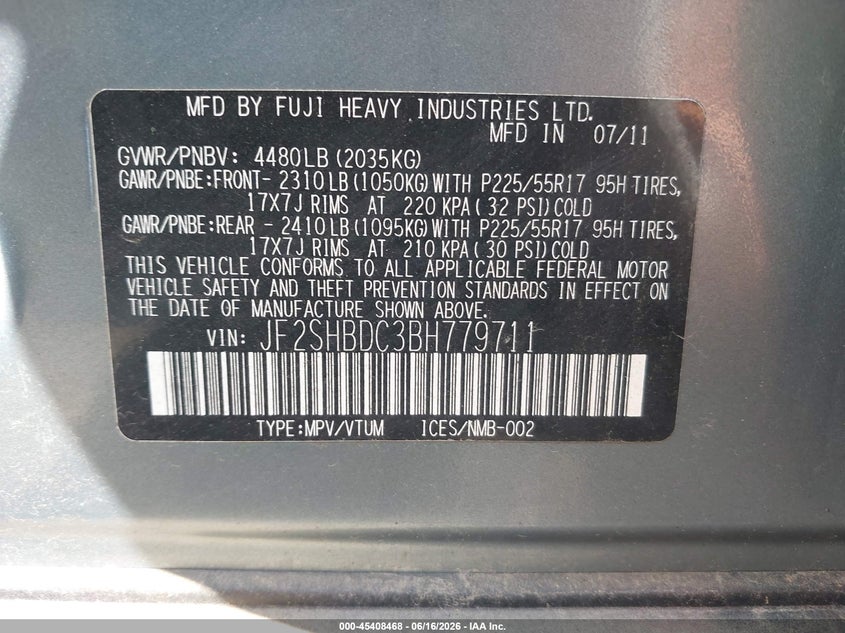 2011 Subaru Forester VIN JF2SHBDC3BH779711 IAAI salvage auction — NORMAL WEAR, Clear (Texas), sold $275 on 2026-07-16 (photo 9)