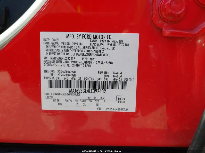 2020 Ford Ecosport VIN MAJ6S3GL4LC392432 IAAI salvage auction — RIGHT SIDE, Salvage (Ohio), sold $1,050 on 2026-07-27 (photo 9)