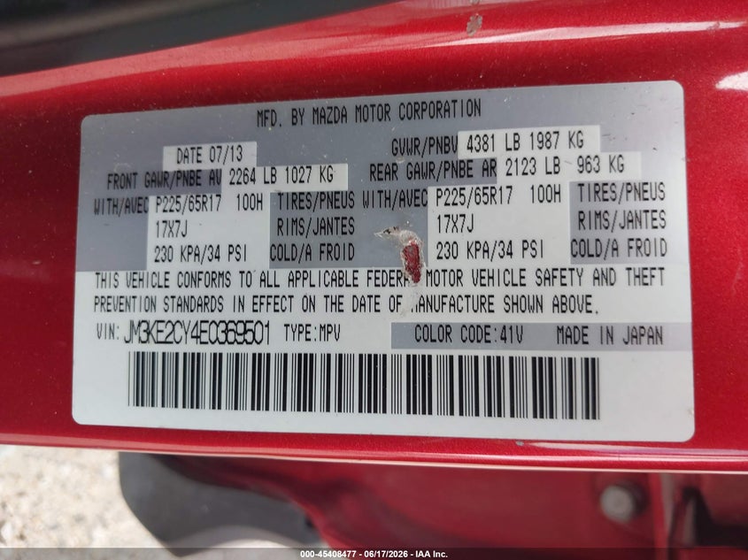 2014 Mazda Cx-5 VIN JM3KE2CY4E0369501 IAAI salvage auction — NORMAL WEAR, Original (Texas), sold $3,575 on 2026-07-14 (photo 9)