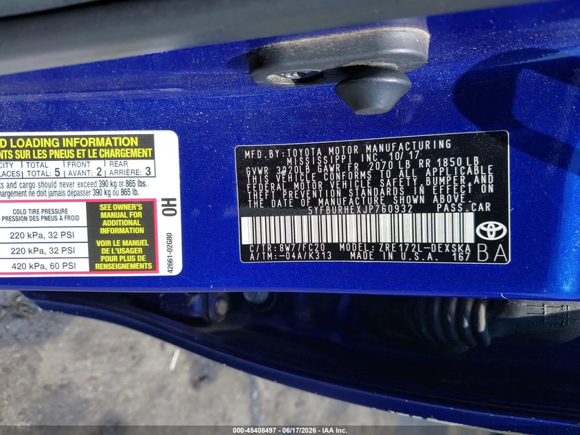 2018 Toyota Corolla VIN 5YFBURHEXJP760932 IAAI salvage auction — RIGHT REAR, Salvage (North Carolina), sold $3,400 on 2026-07-16 (photo 9)