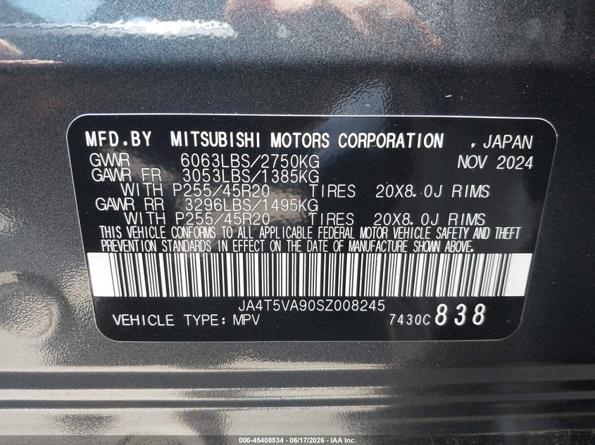 2025 Mitsubishi Outlander VIN JA4T5VA90SZ008245 IAAI salvage auction — LEFT SIDE, Salvage Certificate (California), sold $13,900 on 2026-07-22 (photo 9)