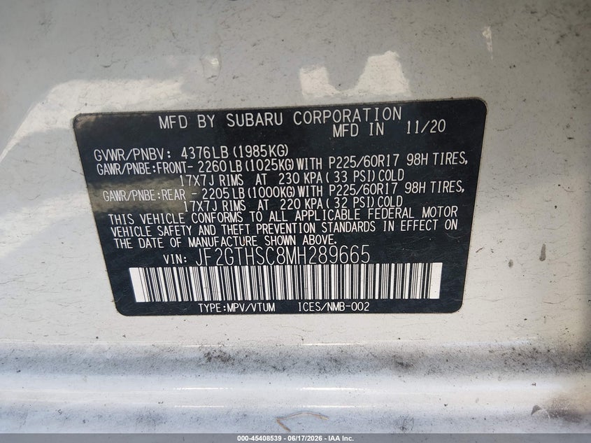 2021 Subaru VIN JF2GTHSC8MH289665 IAAI salvage auction — FRONT END, Bill Of Sale (Washington), sold $3,900 on 2026-07-29 (photo 9)