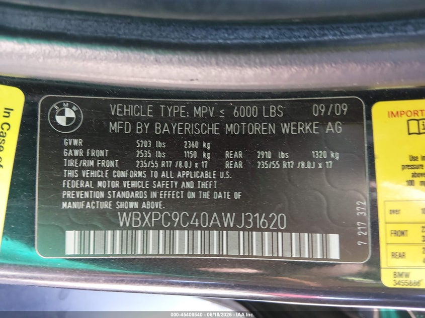 2010 BMW X3 VIN WBXPC9C40AWJ31620 IAAI salvage auction — NORMAL WEAR, Clear (Colorado), sold $125 on 2026-07-15 (photo 9)