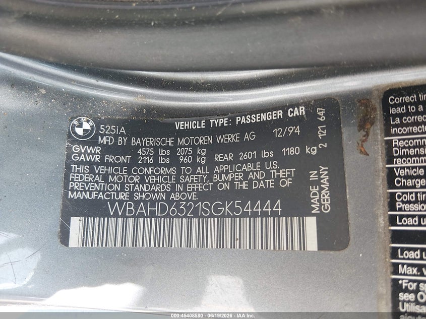 1995 BMW 5 series VIN WBAHD6321SGK54444 IAAI salvage auction — NORMAL WEAR, Clear (South Carolina), sold $125 on 2026-07-29 (photo 9)