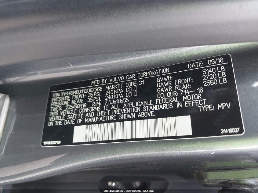 2017 Volvo Xc60 VIN YV440MDU1H2067368 IAAI salvage auction — REAR END, Rebuildable (Florida), sold $2,375 on 2026-07-13 (photo 9)