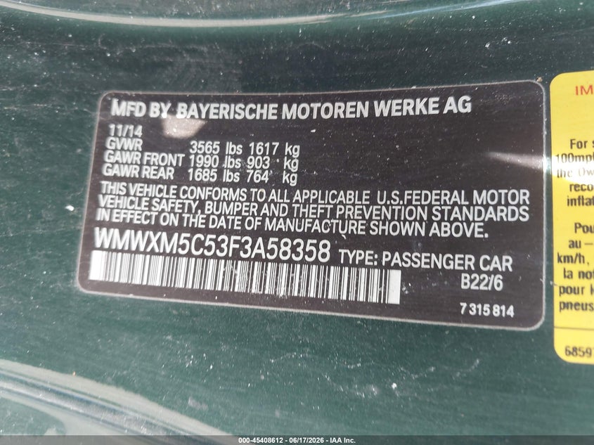 2015 Mini VIN WMWXM5C53F3A58358 IAAI salvage auction — FRONT END, Salvage Title, sold $875 on 2026-07-10 (photo 9)