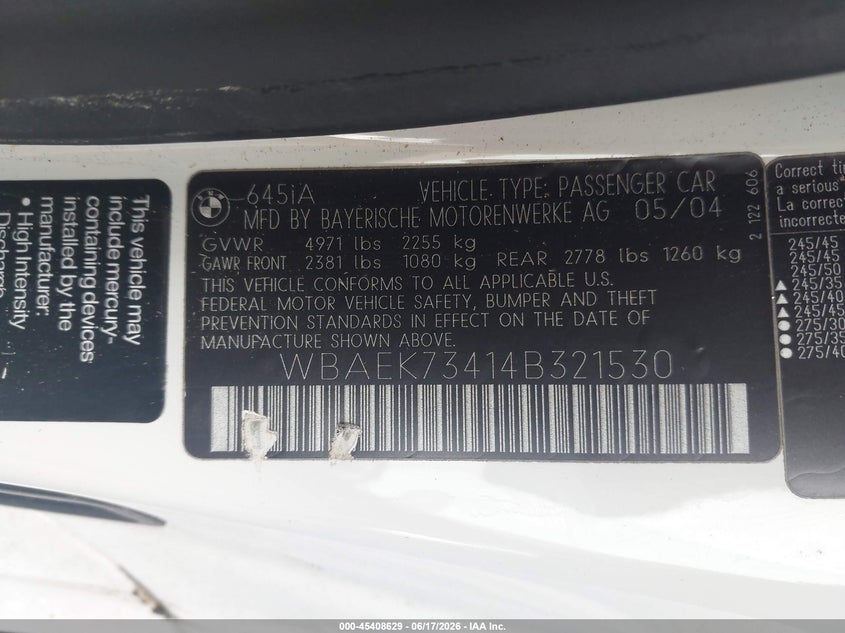 2004 BMW 6 series VIN WBAEK73414B321530 IAAI salvage auction — NORMAL WEAR, Clear (Georgia), sold $1,150 on 2026-07-08 (photo 9)