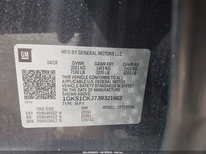 2018 Gmc Yukon VIN 1GKS1CKJ7JR321662 IAAI salvage auction — REAR END, Salvage Title, sold $10,900 on 2026-07-22 (photo 9)