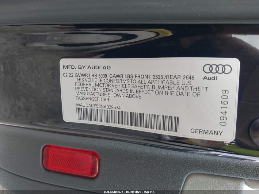 2022 Audi A5 VIN WAUDACF53NA029574 IAAI salvage auction — HAIL, Salvage Title, sold $19,000 on 2026-08-26 (photo 9)