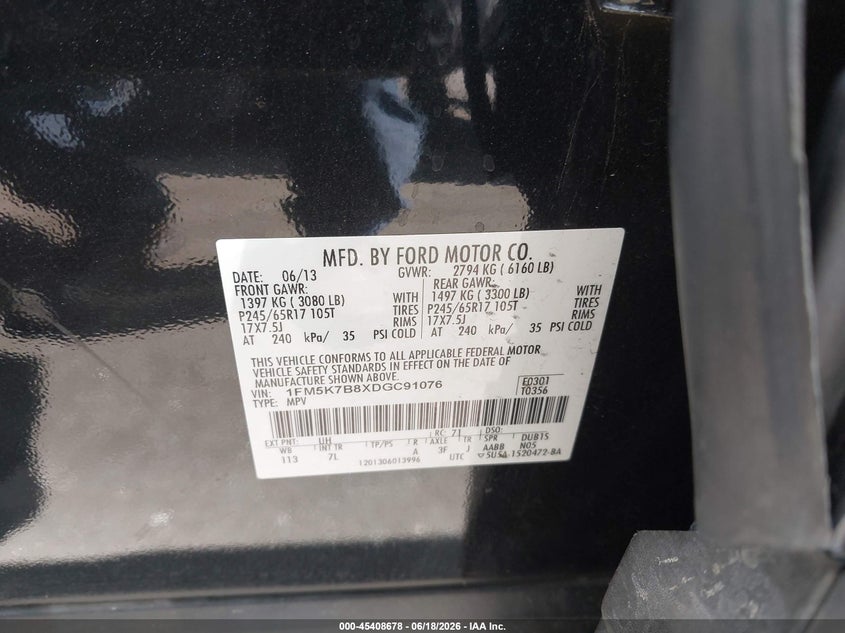 2013 Ford Explorer VIN 1FM5K7B8XDGC91076 IAAI salvage auction — SIDE, Salvage Title, sold $925 on 2026-07-23 (photo 9)