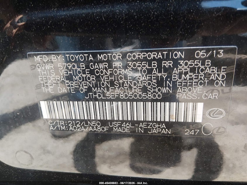 2013 Lexus VIN JTHDL5EF8D5005800 IAAI salvage auction — FRONT END, Salvage (West Virginia), sold $1,550 on 2026-07-25 (photo 9)