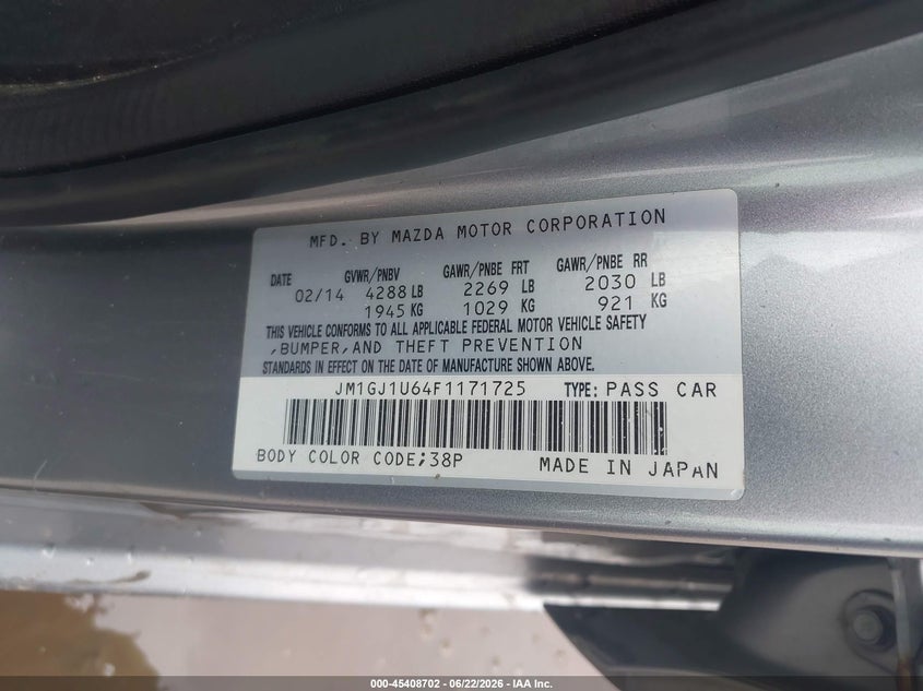 2015 Mazda 6 VIN JM1GJ1U64F1171725 IAAI salvage auction — LEFT FRONT, Salvage Title, sold $325 on 2026-07-22 (photo 9)