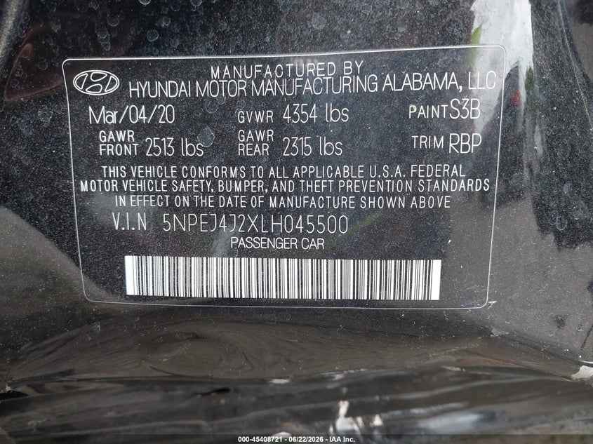 2020 Hyundai Sonata VIN 5NPEJ4J2XLH045500 IAAI salvage auction — ALL OVER, Salvage (Idaho), sold $850 on 2026-07-14 (photo 9)