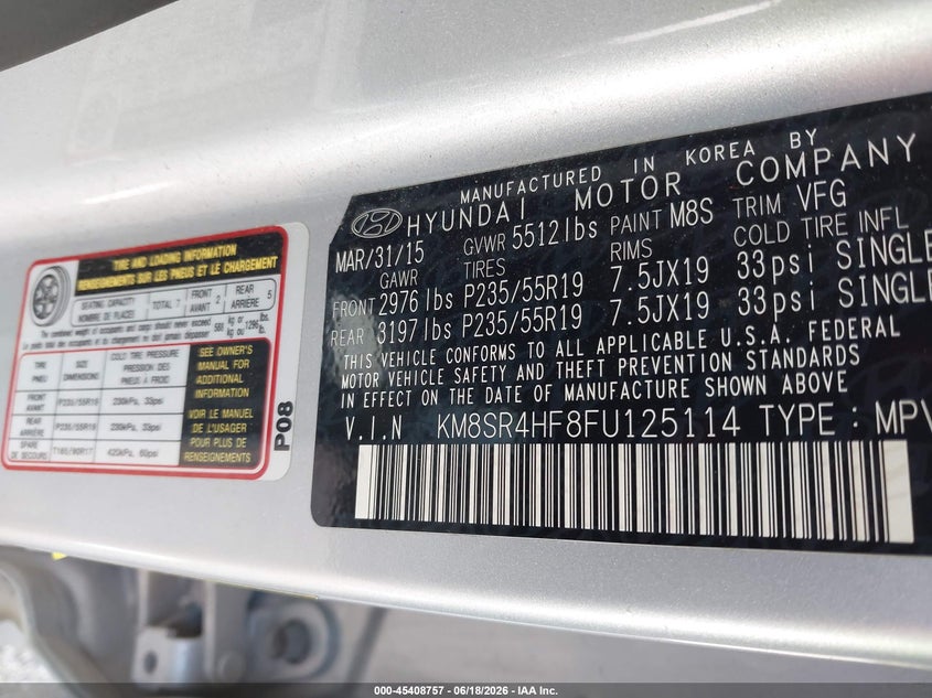 2015 Hyundai Santa fe VIN KM8SR4HF8FU125114 IAAI salvage auction — FRONT END, Salvage (Texas), sold $1,350 on 2026-07-07 (photo 9)