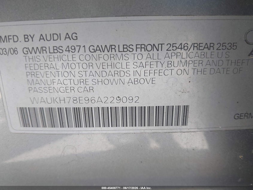 2006 Audi A4 VIN WAUKH78E96A229092 IAAI salvage auction — NORMAL WEAR, Clear (Connecticut), sold $400 on 2026-07-30 (photo 9)