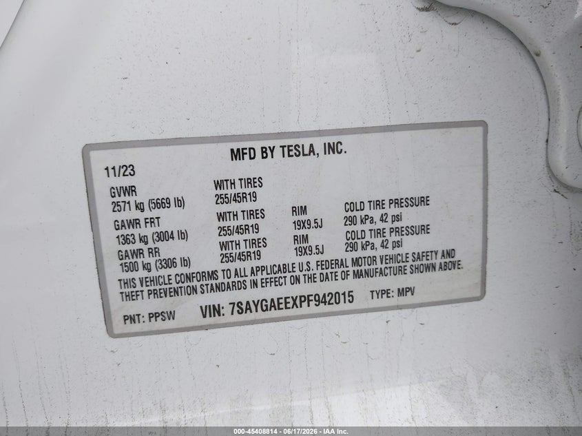 2023 Tesla Model y VIN 7SAYGAEEXPF942015 IAAI salvage auction — REAR END, Salvage (California), sold $12,000 on 2026-07-23 (photo 9)